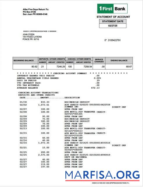 Downloadable Puerto Rico 1 First bank statement of account word download for verification